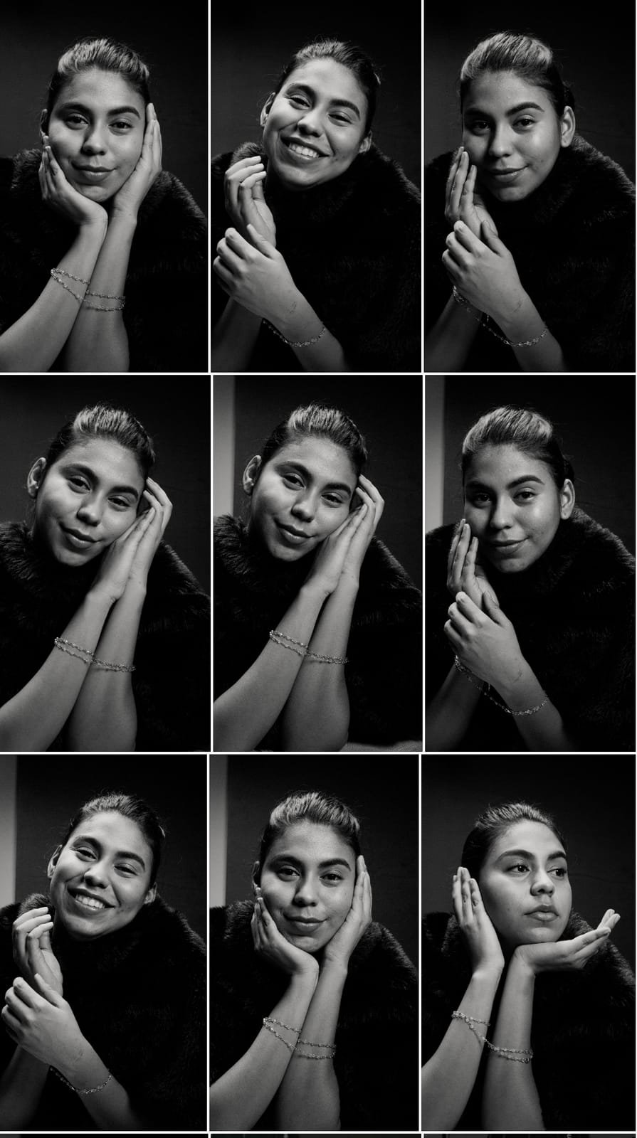 Contact sheet of nine black-and-white studio portraits
