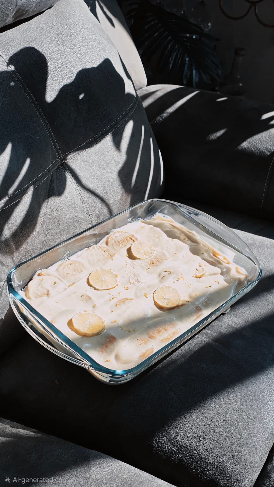 AI-generated food image: a lemon icebox dessert in hard afternoon light